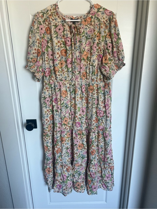 Who What Wear Dresses & Skirts - Who What Wear Cream Floral Tie-Neck Dress with Pink, Green & Orange Accents